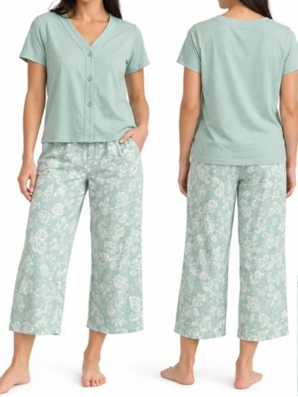 Karen Neuburger Womens XS Green Butterfly 100% Cotton 2 Pc Crop Pajama Set NWT